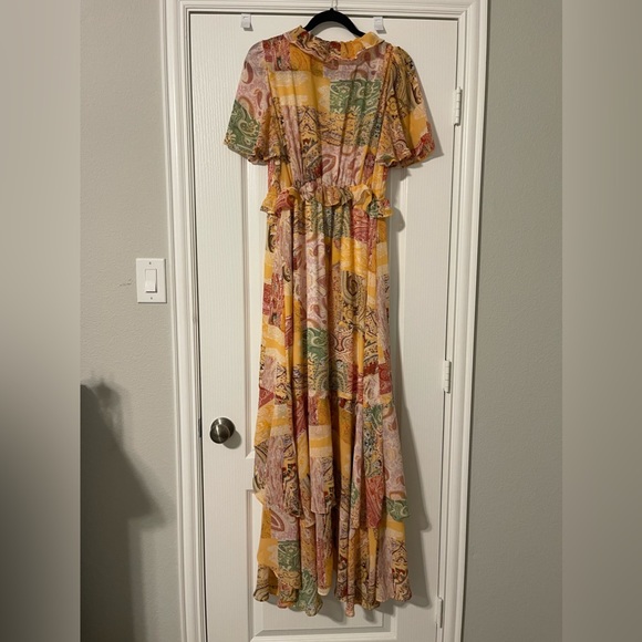 Patchwork Print Butterfly Sleeve Ruffle Trim Asymmetrical Hem Dress - Picture 2 of 6